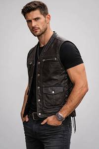 Handmade <b>Black</b> Leather Biker <b>Vest</b> | <b>Men's</b> Classic V-Neck Motorcycle Waistcoat with Laced Sides - Product Image 2