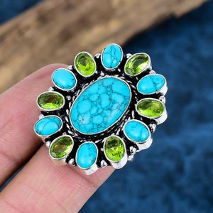 Wholesale Handmade 925 Sterling Silver Blue Turquoise and Peridot Cluster <b>Ring</b> Opaque Gemstone Flower <b>Statement</b> <b>Rings</b> For Women - Product Image 5