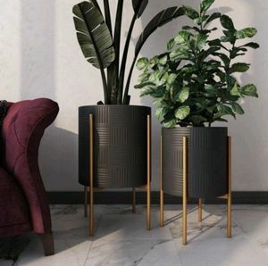 Ensemble de supports pour plantes en métal doré, écologiques et durables, 2 pièces, design géométrique moderne, porte-pot de fleurs haut, décoration de jardin intérieur/extérieur - Product Image 4