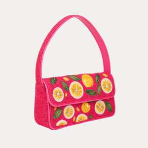 Bolso de hombro con bordado de cuentas con diseño de limón, correa amarilla, bolso de mano con cuentas blancas, para mujer, verano, Craftera Exports - Product Image 1