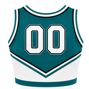 Haut court de cheerleading sans manches pour femme, col en V, bleu sarcelle, blanc, noir, pour performance athlétique, uniforme d'équipe de cheerleading, tenue de sport de compétition - Product Image 2