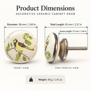 SHUBHAM Perilla Decorativa de Cerámica para Muebles, Diseño Floral de Pájaro, Tirador Redondo para Cajones con Base Metálica para Armarios y Cómodas - Product Image 6