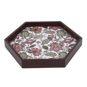 Plateau de service hexagonal orné à motifs floraux mogols, plateau décoratif en bois pour commande en gros - Product Image 2