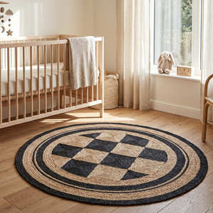 Handmade <b>Round</b> Braided Jute Rug with Natural Fringe Farmhouse Bedroom Rug for Relaxed Boho Interior Styling - Product Image 5