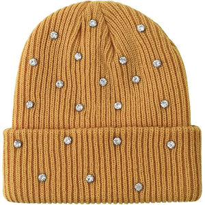Bonnet d'hiver de luxe pour femme, en tricot côtelé, orné de strass et de cristaux, avec revers, couleur jaune moutarde, chaud et étincelant - Product Image 1