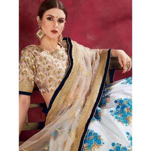 Ropa Zeel, Lehenga Choli de Seda Banglari con Estampado Floral Azul y Blanco, Semi-Confeccionada, para Bodas, 2.5 kg, Envío Manual - Product Image 4