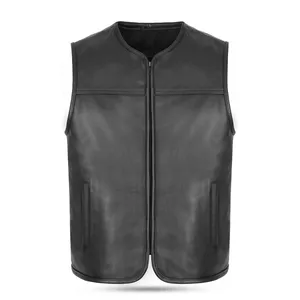 <b>Men</b>’s Minimalist Black Leather Motorcycle Vest Sleek Zip Up Sleeveless Biker Waistcoat with Clean Panel Design Low MOQ - Product Image 1