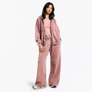 <b>Womens</b> Winter Acid Wash Tracksuit Embroidered Logo Casual Sports Hoodie Set OEM Custom Embroidery 100% Cotton Wholesale Factory - Product Image 4