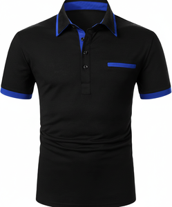 เสื้อโปโลขายส่ง ผ้าฝ้าย แขนสั้น สีดำ ตัดต่อสี ดีไซน์เพื่อประสิทธิภาพสูง รับผลิตตามแบบ (OEM) พร้อมสกรีนโลโก้ เสื้อโปโลผู้ชายทรงเข้ารูป - Product Image 3