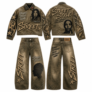 Ensemble de survêtement en denim délavé brodé style vintage personnalisé, 100 % coton, imprimé graphique avec strass, pantalon large pour unisexe - Product Image 5