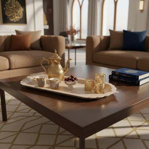 Luxury Decorative Metal Serving Tray Set with Scalloped Edge Matte <b>Black</b> Silver Beige Finish Ramadan Eid Home Decorative Platter - Product Image 5