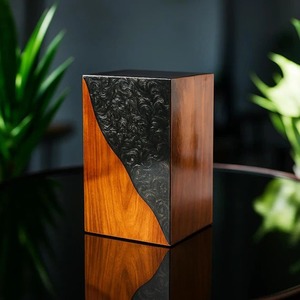 Custom Wooden Pet Cremation Urn With <b>Dog</b> Figurine Brown Finish Personalized Engraved Rectangular Shape Urn For <b>Dog</b> <b>Ashes</b> - Product Image 2