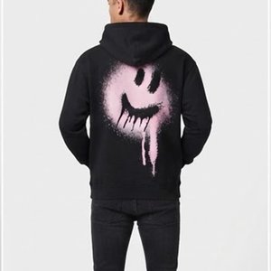 เสื้อฮู้ดสีดำสำหรับผู้ชาย พิมพ์ลายรอยยิ้มสีชมพูแบบหยดด้านหลัง สไตล์สตรีทแวร์ ผ้าฝ้ายถักทั่วไป ใส่ได้ในฤดูใบไม้ร่วง - Product Image 1