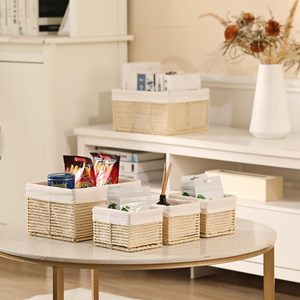 Hand-Woven Paper Rope Storage <b>Basket</b> Set with Soft Fabric Liner, <b>Rectangular</b> Cube Storage Bins for Home Organization - Product Image 4