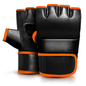 Gants de MMA à demi-doigts en cuir PU avec fermeture Velcro, unisexes, pour l'entraînement aux arts martiaux, noirs avec bordure orange - Product Image 3