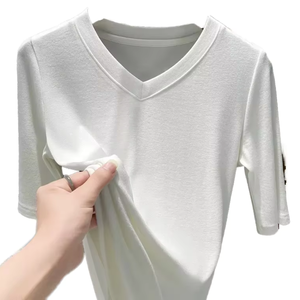 Women Summer Polyester/Cotton Solid Knitted Anti-Pilling T-Shirt with V-Neck <b>Butterfly</b> Sleeve Casual <b>Top</b> for Autumn Clearance - Product Image 3