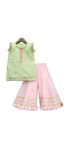 Top vente ethnique enfants filles jaune brodé haut court Plazzoo ensembles pour les occasions de festival de mariage diwali indowestern - Product Image 6