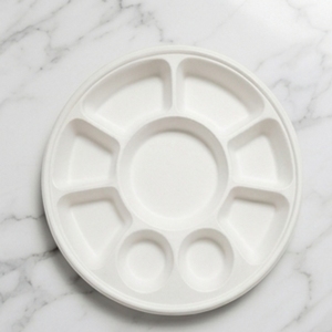 Round Sugarcane Bagasse <b>Pulp</b> Divided Plate with 9 Compartments Biodegradable & Microwave-Safe for Takeaway Casual Use - Product Image 1