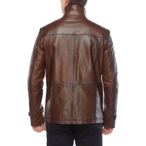 <b>Men's</b> Brown Genuine <b>Leather</b> Moto <b>Jacket</b> Stand Collar Zipper Closure Regular Fit With Pockets Available For Sale - Product Image 6