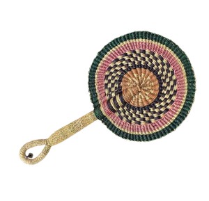 Handmade circular seagrass handheld <b>fan</b> in dark green <b>pink</b> and gold colors artisan woven cooling accessory for home interior and - Product Image 2