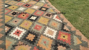 Tapis géométrique Kilim fait main, rectangulaire, en laine et acrylique, à poils moyens, écologique, tufté à la main, pour salon, nettoyage localisé - Product Image 4