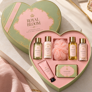 Ensemble Essentiel Bain & Corps OEM/ODM 7-en-1 – Coffret Cadeau Pistache & Rose – Parfum et Design d'Emballage Personnalisables – Lait Lavant, Sel, Huile - Product Image 1