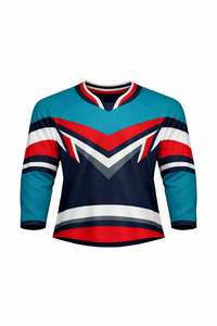 Jersey de Hockey sobre Hielo para Hombre, Color Verde Azulado, Azul Marino y Rojo a Rayas, Manga Tres Cuartos, Cuello Redondo, Absorbe la Humedad, Sublimado - Product Image 1