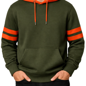 Sudadera con Capucha para Hombre, Diseño Moderno en Verde Oliva y Naranja, Venta al Por Mayor OEM, Sudadera con Capucha de Dos Tonos y Mangas a Rayas - Product Image 2