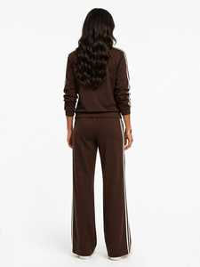 ONETEN APPAREL Ensemble de survêtement en coton marron pour femme, veste à col montant zippée, pantalon long à rayures latérales - Product Image 3