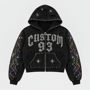 Custom Rhinestone Zip up <b>Hoodie</b> Streetwear Design Heavyweight Cotton Cropped Boxy Fit Premium Graphic Custom Logo Men <b>Hoodie</b> - Product Image 1