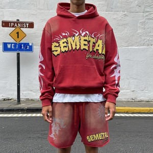 Conjunto de Sudadera y Pantalones Cortos de Estilo Urbano con Pedrería, Estampado Personalizado, 100% Algodón, Lavado Ácido, Chándal Holgado para Hombre - Product Image 1