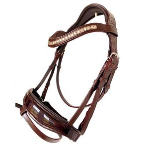 คุณภาพสูงและหนังแท้คุณภาพเยี่ยมพร้อมแถบคิ้วคริสตัลสีทอง8มม. และบังเหียนฮาโนเวอเนียนสีน้ำตาลพร้อมสายคาดจมูกสิทธิบัตร - Product Image 5