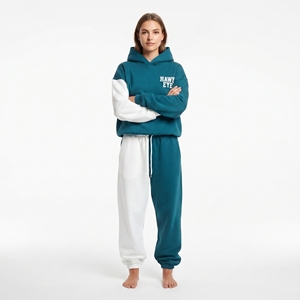 Conjunto Deportivo de Dos Piezas para Mujer, Color Verde Azulado y Blanco, 100% Algodón Felpa, Corte Holgado Informal, Sudadera con Capucha de Manga Larga y Pantalones Deportivos - Product Image 2
