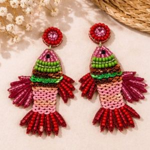 Rizir Fashion Trendy Handmade Embroidered Fish Beaded Statement Dangle <b>Earrings</b> Women Colorful Boho Jewelry 14K Gold Plated - Product Image 3