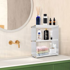 Organizzatore da banco a 3 livelli in acrilico e legno, scaffale portaoggetti per cosmetici da bagno, porta tazze, da scrivania - Product Image 1