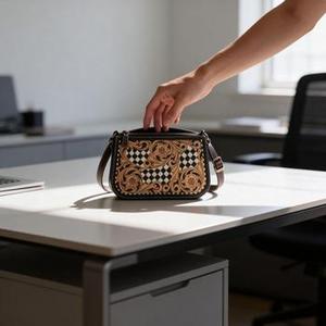 2026 New Fashion Western Stylish <b>Hand</b> Tooled Sheridan Florals Carved With Checkerboard Pattern 100% Genuine Leather Shoulder Bag - Product Image 4
