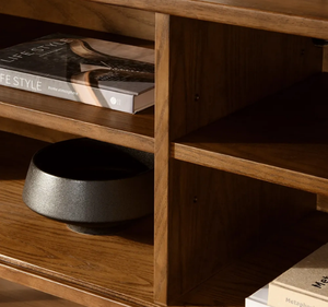 Meuble TV moderne minimaliste en teck massif avec porte coulissante et étagère ouverte, meuble de salon scandinave - Product Image 6