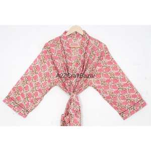 Enveloppez-vous de douceur : Kimono 100 % coton respirant pour une retraite relaxante, col en V, design simple, imprimé floral, tenue décontractée - Product Image 2