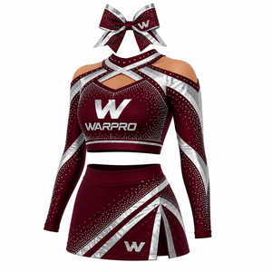 ชุดยูนิฟอร์มเชียร์ลีดเดอร์ WARPRO สีแดงเลือดหมู ประดับคริสตัลสีเงิน พิมพ์ลายแบบ Sublimation เสื้อครอปแขนยาว กระโปรง สำหรับผู้ใหญ่ ผู้หญิง - Product Image 2