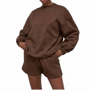 <b>Women's</b> 2 Piece Fleece Sweatshirt <b>Shorts</b> Set Crew Neck <b>Long</b> Sleeve Loose Fit Casual Solid Color Breathable Above Knee Knitted - Product Image 1