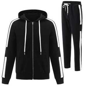 Ensemble sweat-shirt à capuche noir pour homme avec rayures blanches, veste zippée décontractée et pantalon assorti, tenue d'automne - Product Image 1