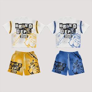 Ensemble T-shirt et short oversize délavé pour homme, motif graffiti personnalisé, 100 % coton jersey, style décontracté deux pièces - Product Image 2