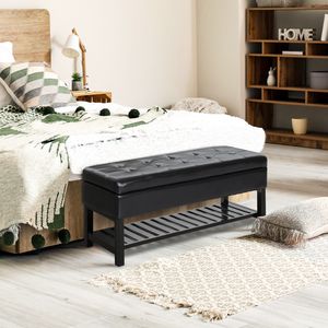 Panca contenitore imbottita in similpelle nera da 44 pollici con scarpiera dal design elegante - Product Image 2