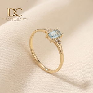 Anillo de Oro Amarillo Sólido de 14 Quilates con Diamante Cultivado en Laboratorio y Aguamarina, Joyería Fina Especial para Mujer - Product Image 5