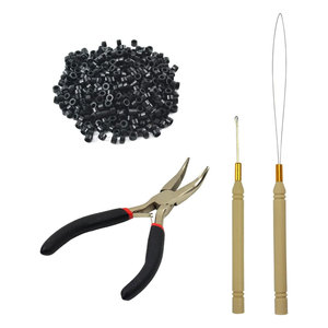 Kit d'outils pour extensions de cheveux, pinces à cheveux noires, crochet de tirage, dispositif à perles, kits d'outils professionnels pour l'installation d'extensions de cheveux - Product Image 1