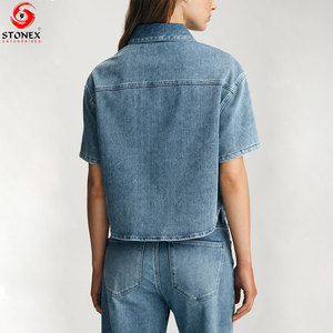 Chemise en jean pour femme de haute qualité, légère, à manches courtes, avec fermeture boutonnée, décontractée, bleue, fournisseur direct d'usine, OEM - Product Image 4