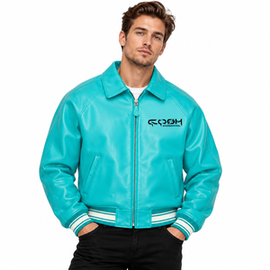 Chaqueta Varsity de cuero PU color turquesa para hombre, con cierre de cremallera, cuello vuelto, estilo deportivo, chaqueta bomber, chaqueta de cuero informal y elegante para hombre - Product Image 1