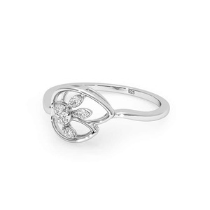 Anillo de Compromiso y Boda de Plata de Ley 925 con Flor de Diamantes, Corte Brillante Redondo, Engaste de Garras, Estilo Romántico, para Mujer - Product Image 2