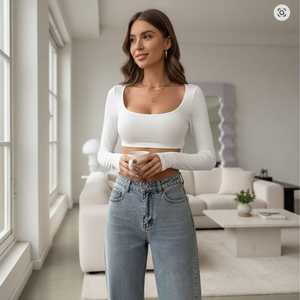 T-shirt en tricot marron pour femme, coupe courte, manches longues, col carré, uni, coupe ajustée, décontracté, pour le printemps et l'été - Product Image 6