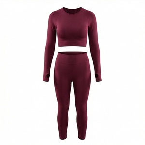 Ensemble de yoga 2 pièces pour femmes, haut court à manches longues, leggings taille haute, vêtements de sport sans couture - Product Image 1